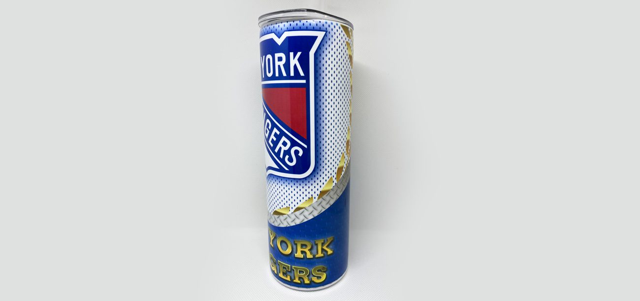 A can of new york rangers popcorn drink.