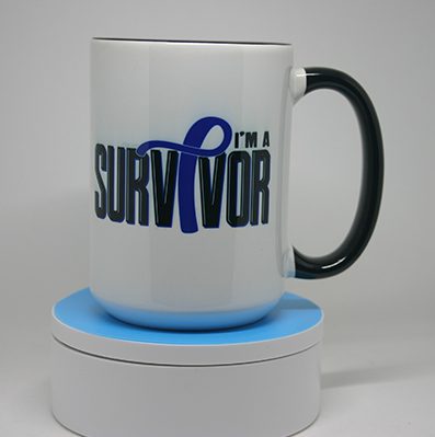 A mug that says i 'm a survivor with blue ribbon.