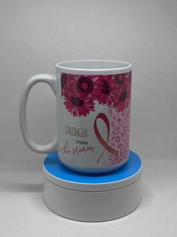 A mug that has pink flowers on it.