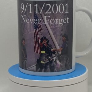 A mug with the picture of a fireman holding an american flag.