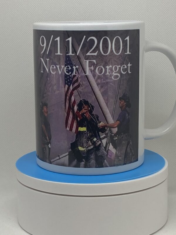 A mug with the picture of a fireman holding an american flag.