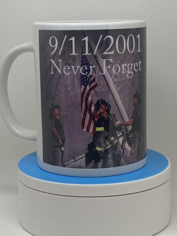 A mug with the picture of 9 / 1 1 and the name " never forget ".