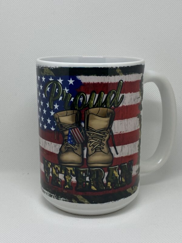 A patriotic mug with boots and flags on it.