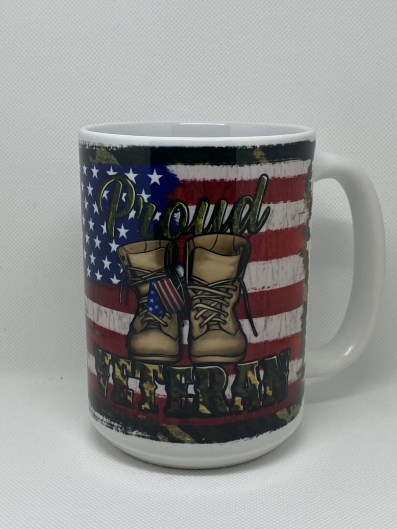 A patriotic mug with boots and flags on it.