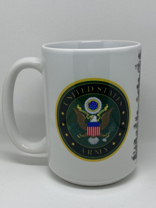 A white coffee mug with the seal of the united states army on it.