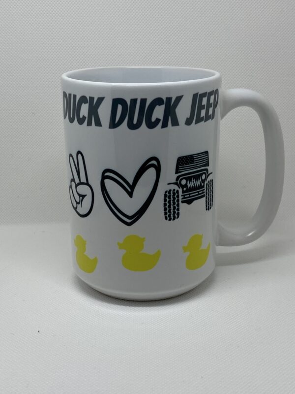 A white coffee mug with duck duck jeep written on it.