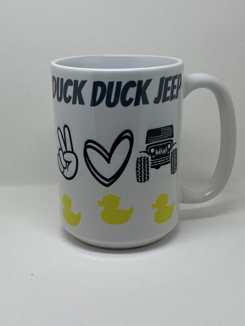 A white coffee mug with duck duck jeep written on it.