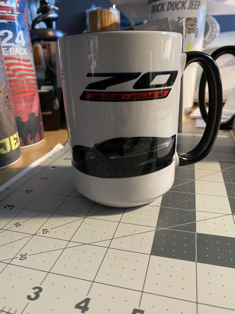 A coffee mug sitting on top of a table.