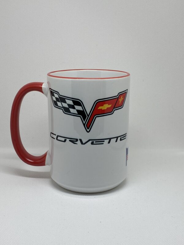 A coffee mug with the word corvette written on it.