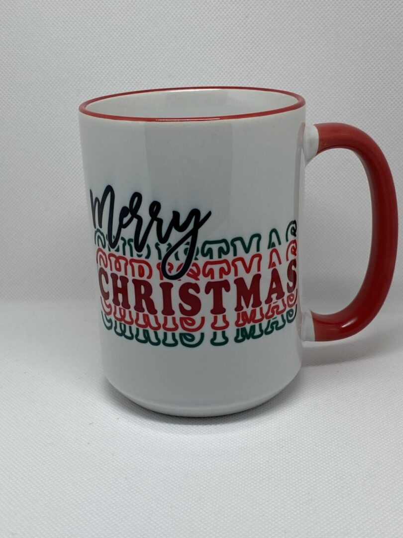 A coffee mug with the words merry christmas and happy new year.