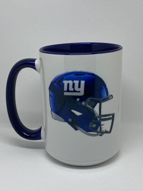 A blue and white mug with a helmet on it.