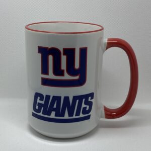 A giants coffee mug is shown with red rim.
