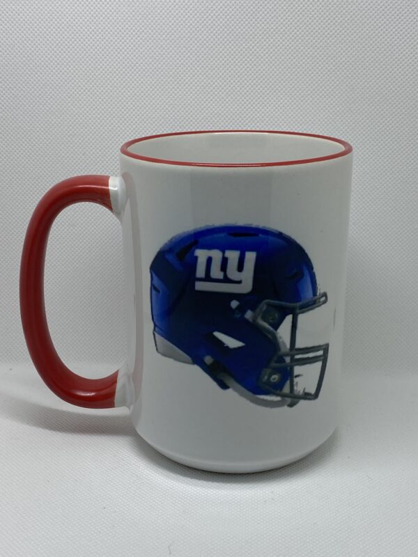 A coffee mug with the helmet of a football player on it.