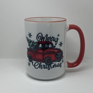 A red and white mug with a truck on it